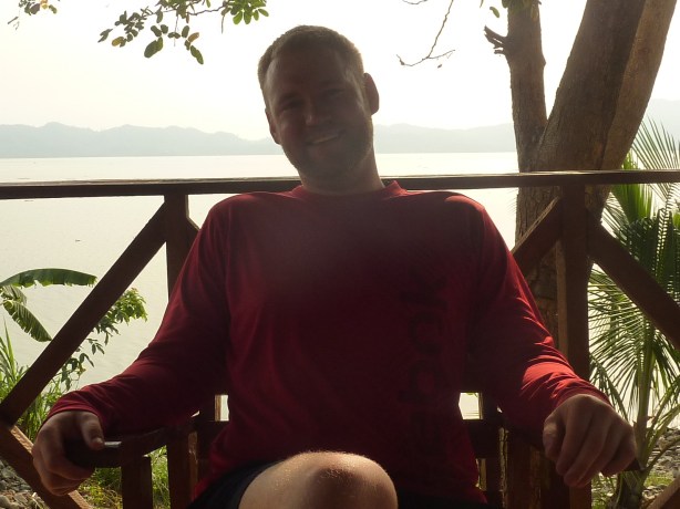 Chilling out on the deck with a beer.